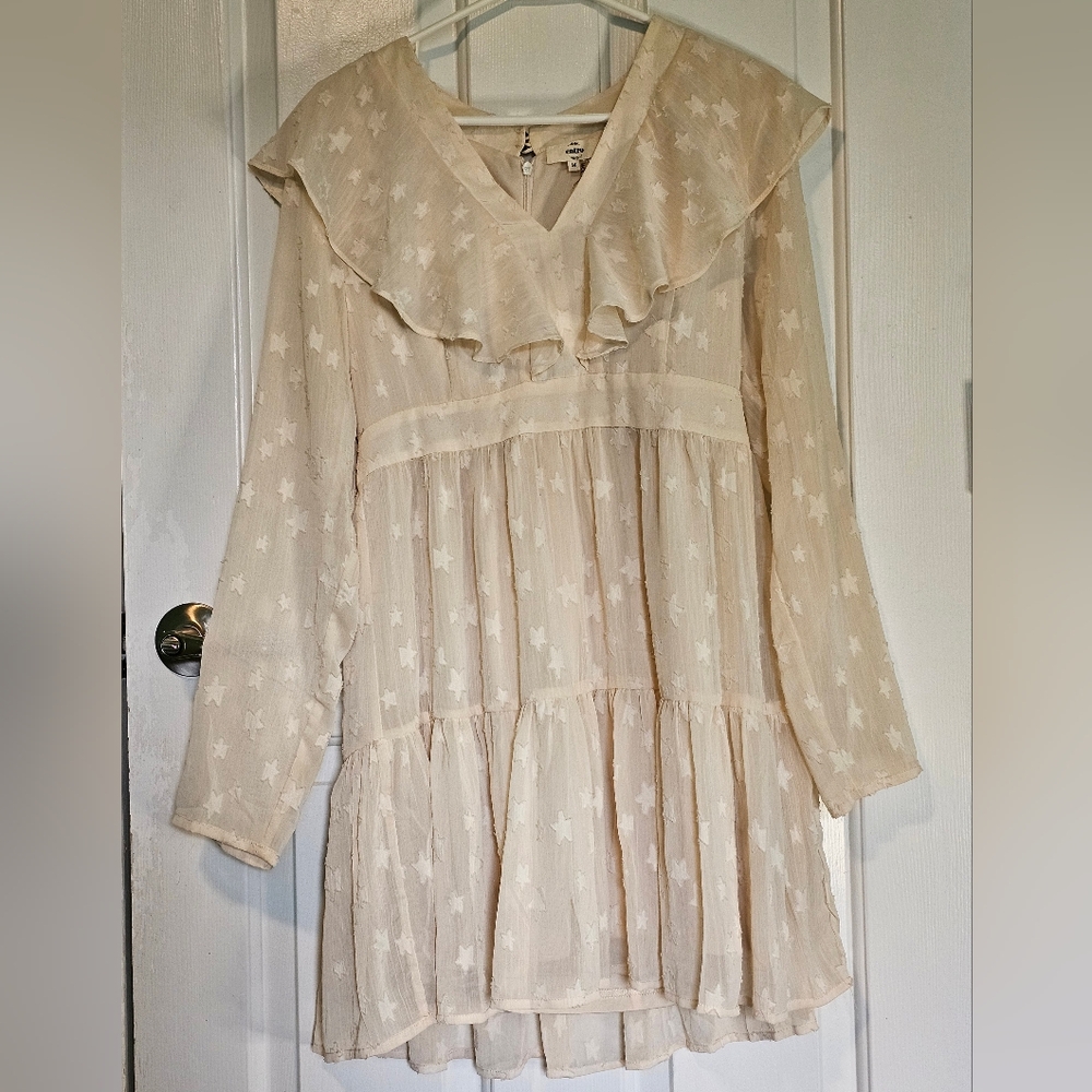 Entro Long Sleeve Cream Star Pattern Ruffled Dress Women's Sz M
